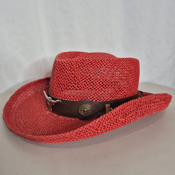 Scala Accessories - Scala Red Western Straw Hat Country Western Coastal Cowgirl - OSFA